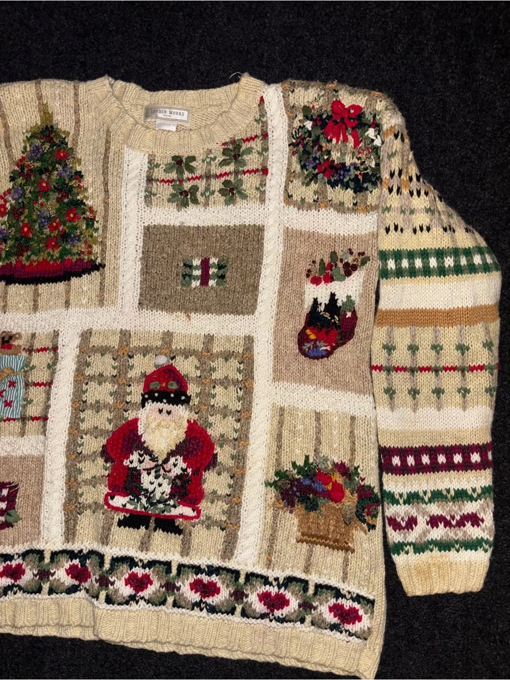 Vintage 90s Y2K Studio Works Ugly Christmas Sweater Petite Medium Patchwork